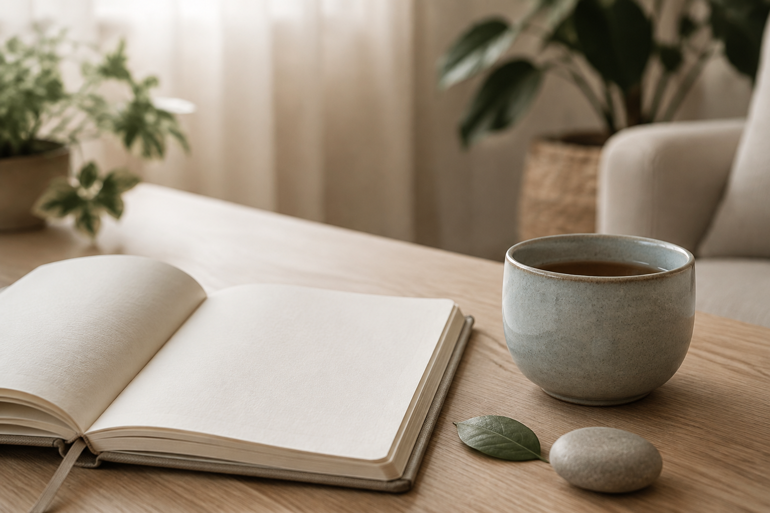 Journal, tea cup, leaf and smooth stone on a pale wood table