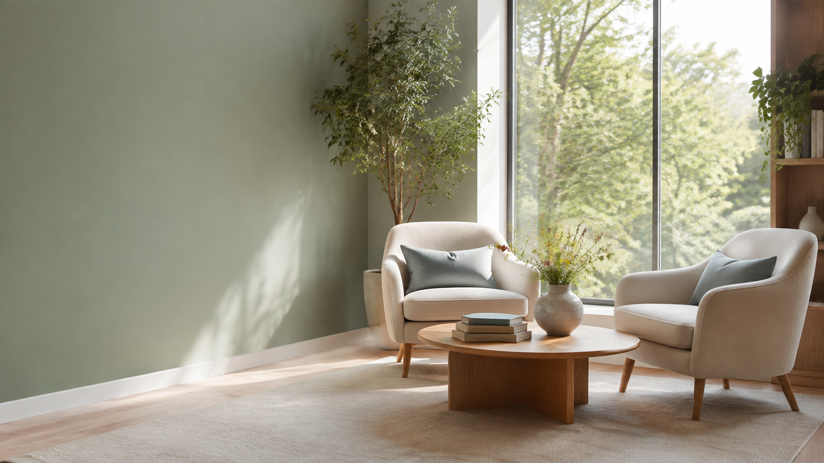Calm consultation room with cream chairs and a window facing green trees