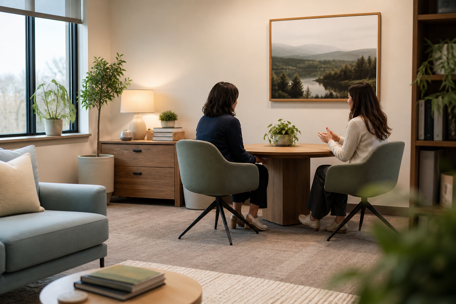 Two professionals conversing in a bright calm office
